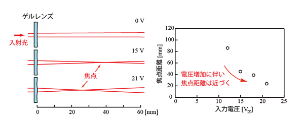 図４　左）超音波ゲルレンズの動作のようす　右）レンズ入力電圧と焦点距離の関係