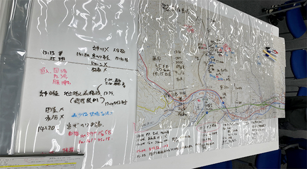 図3 林野火災図上訓練で情報が書き込まれた白地図（画像提供：釜石大槌地区行政事務組合消防本部）