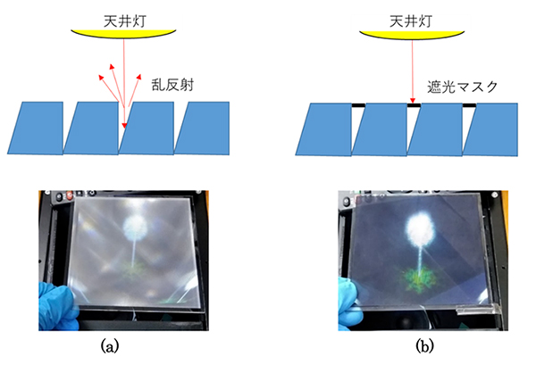 図５　環境光が存在する場合の空中映像表示．(a)遮光処理なし．(b)遮光マスク有．