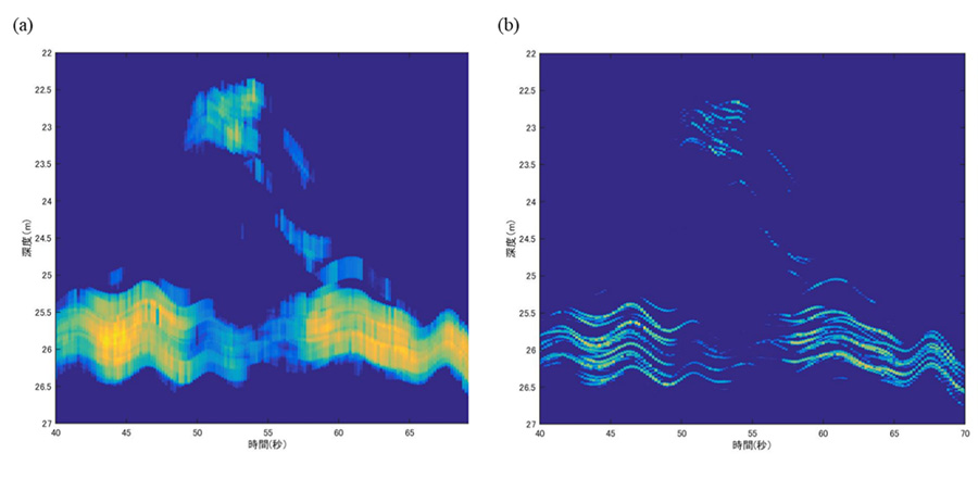 図２．エコーの比較．（左）狭帯域信号を用いた魚群探知機のエコーグラム、（右）広帯域信号を用いた魚群探知機のエコーグラム．広帯域信号を用いることで、魚単体のエコーを分離できている．