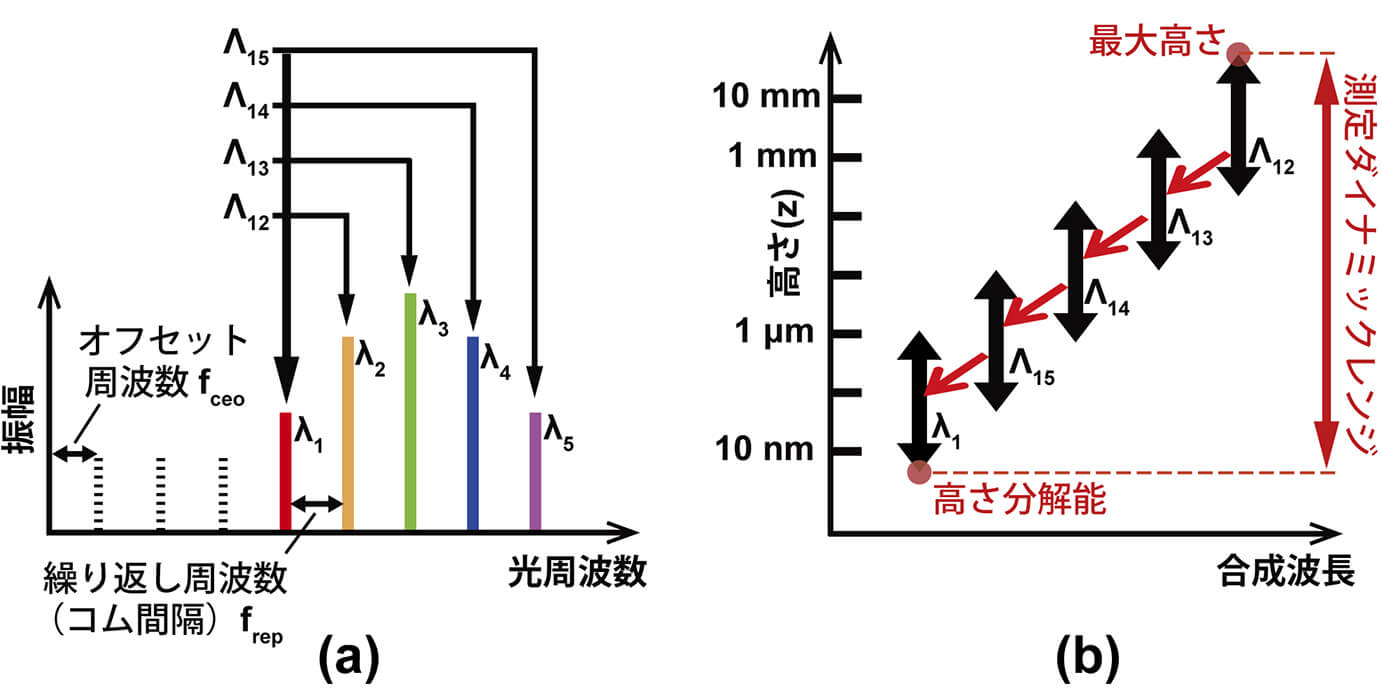 図2　光コム・デジタルホログラフィーの概念図．(a) 光コムと単一波長抜き出しによる合成波長の生成，(b) 複数の合成波長の利用による測定（高さ）ダイナミックレンジの拡大．
