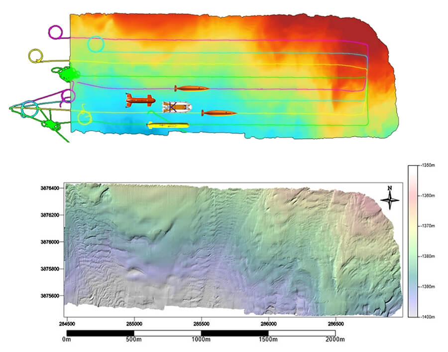 図5　複数AUV運用実証試験で得られた海底地形図（駿河湾水深1300m域、1m間隔分解能、上図：AUV航路と高低図、下図：同観測域の陰影段彩図）