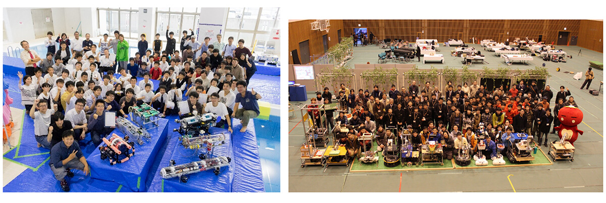 図２　ロボット競技会　左：水中ロボフェス2019 in 北九州、右：トマトロボット競技会