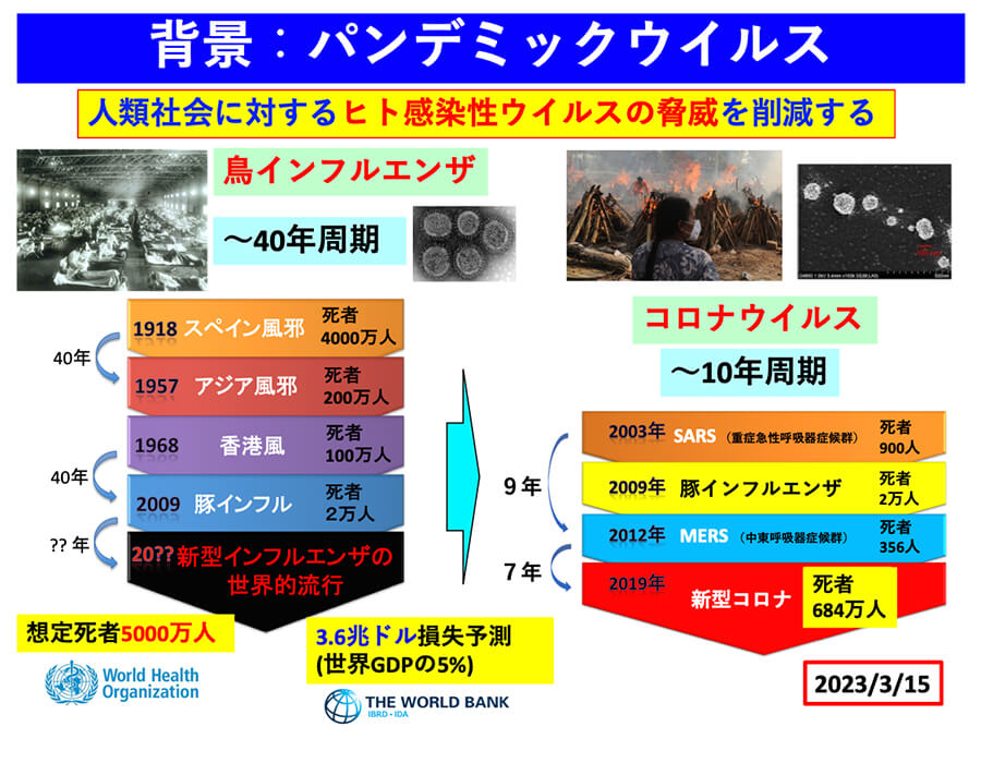 図１. 鳥インフルエンザウイルスとコロナウイルスによるパンデミックの歴史。新型コロナウイルスでは700万人近い人が亡くなっている。