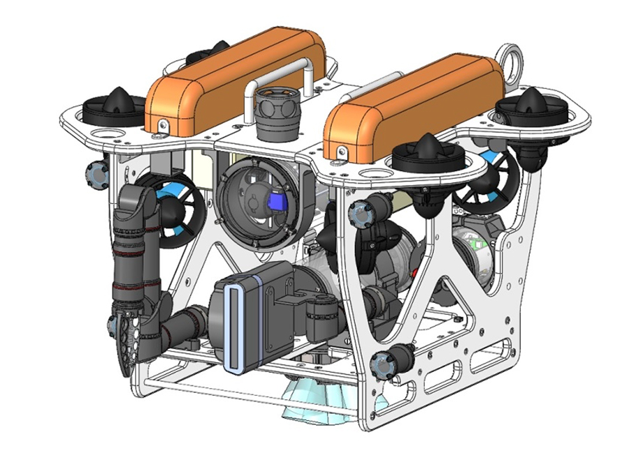 図１０：オープンフレーム構造かつスラスタの菱形配置方式を採用したROV（株式会社水龍堂製ROV「龍頭」）